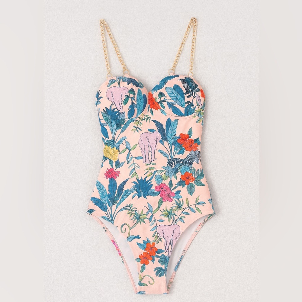 Floral One-Piece Swimsuit with Gold Chain Straps – Size L (NWT)